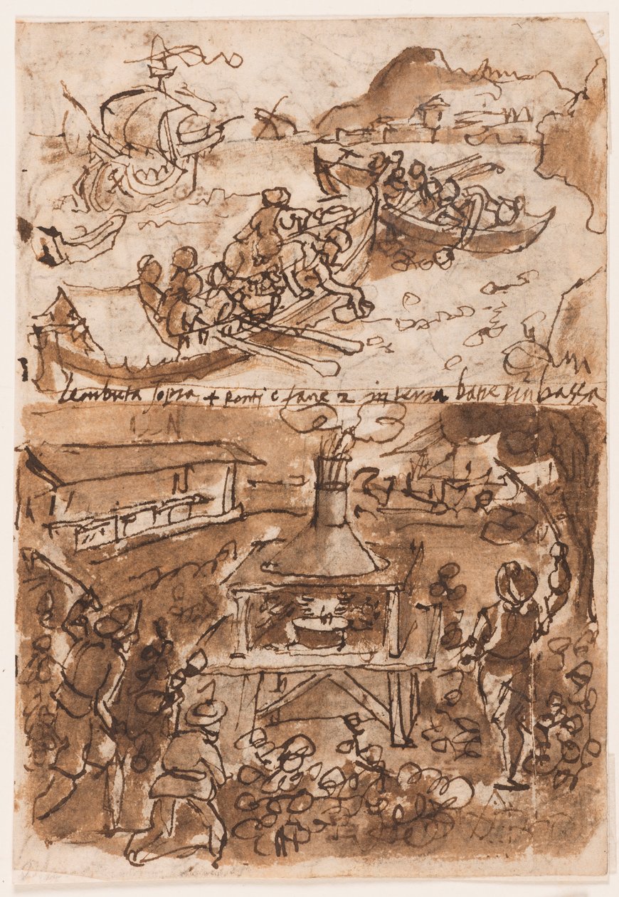 Reto, acima: Coletando Betume, da História Natural de Plínio, Livro 35, cap. 51; Reto, abaixo: Pegando Traças Noturnas. Verso, acima: Caça ao Búfalo; Verso, abaixo: Pescando Coral na Sicília, da História Natural de Plínio, o Velho de Jan van der Straet, called Stradanus