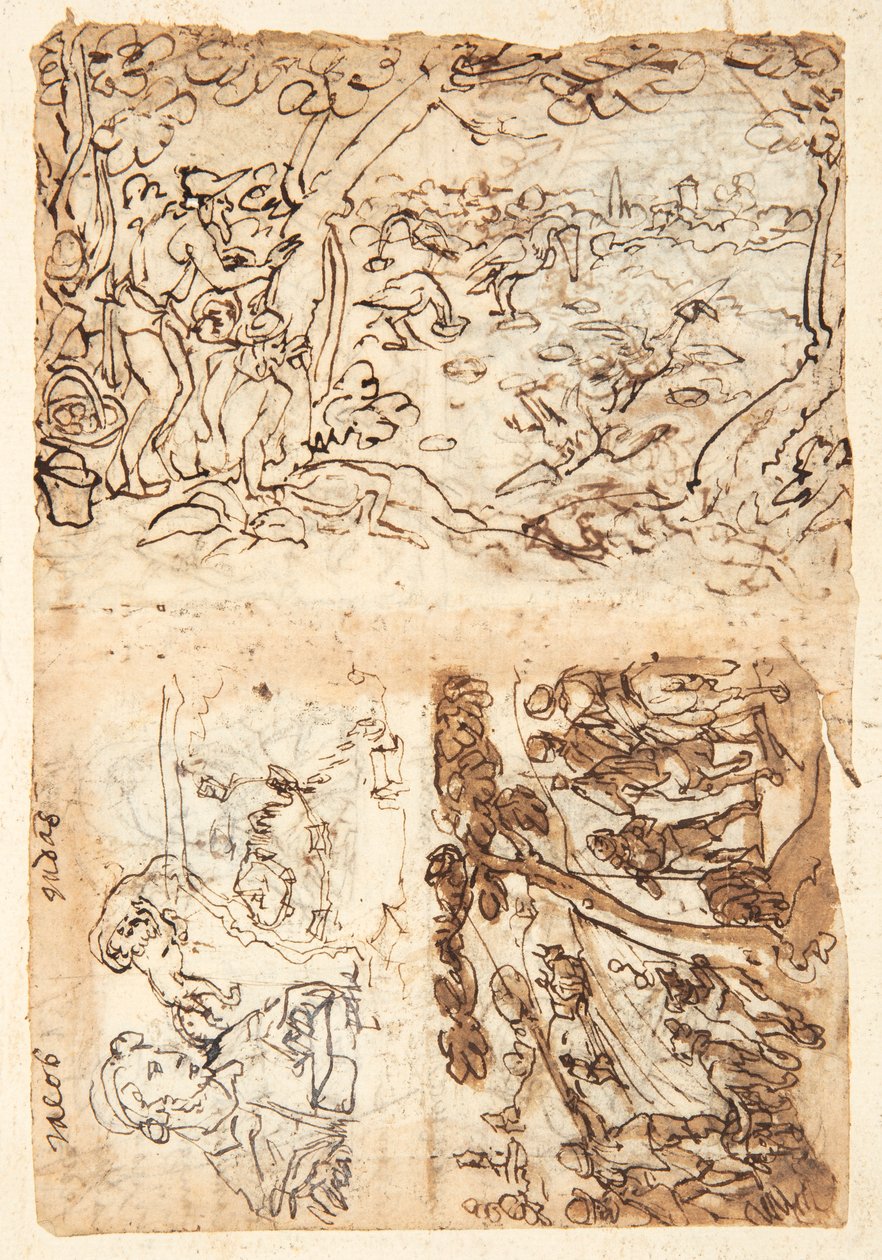 Reto, acima: Caça ao guindaste usando cones; Abaixo, à esquerda: Jacob, meia figura; leão com uma venda na cabeça; mapa de uma fortificação; Abaixo à direita: Fox Hunt. Verso, acima à esquerda: Starling Hunt; abaixo, à esquerda: caça ao leão com tochas e r de Jan van der Straet, called Stradanus
