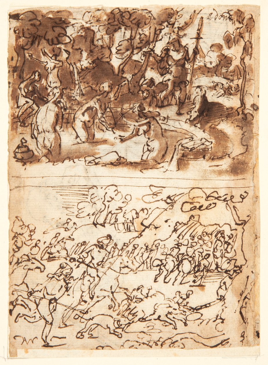 Reto, acima: Diana e Acteon; Reto, abaixo: Caça ao javali; Verso, acima: estudos de duas cabeças masculinas; Verso, abaixo: Encontro de Ana e Joaquim na Porta Dourada, A circuncisão do Menino Jesus de Jan van der Straet, called Stradanus