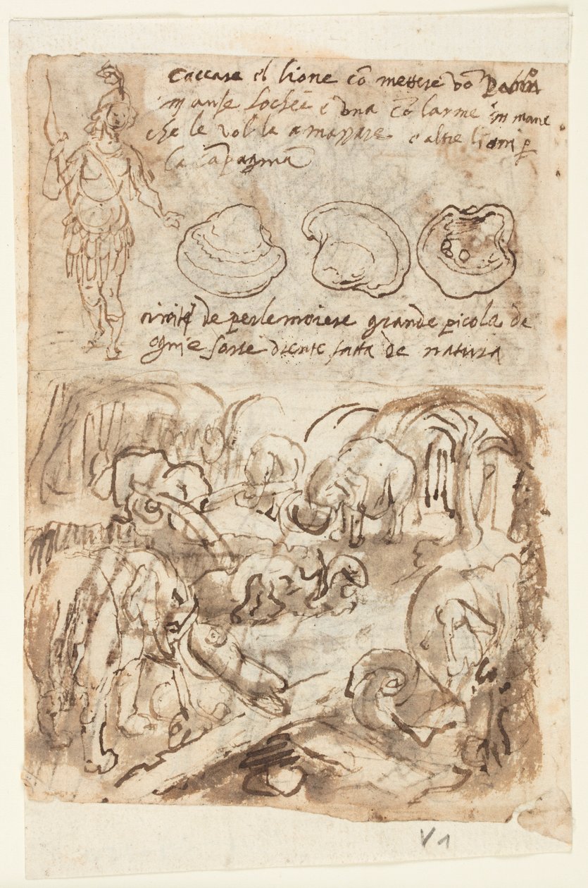 Reto, acima, figura indiana em pé, conchas de ostras. Reto, abaixo: Elefantes ajudando uns aos outros em uma armadilha, da História Natural de Plínio, Livro 8, cap. 8; Verso, acima: Usando o fogo para matar as cobras d