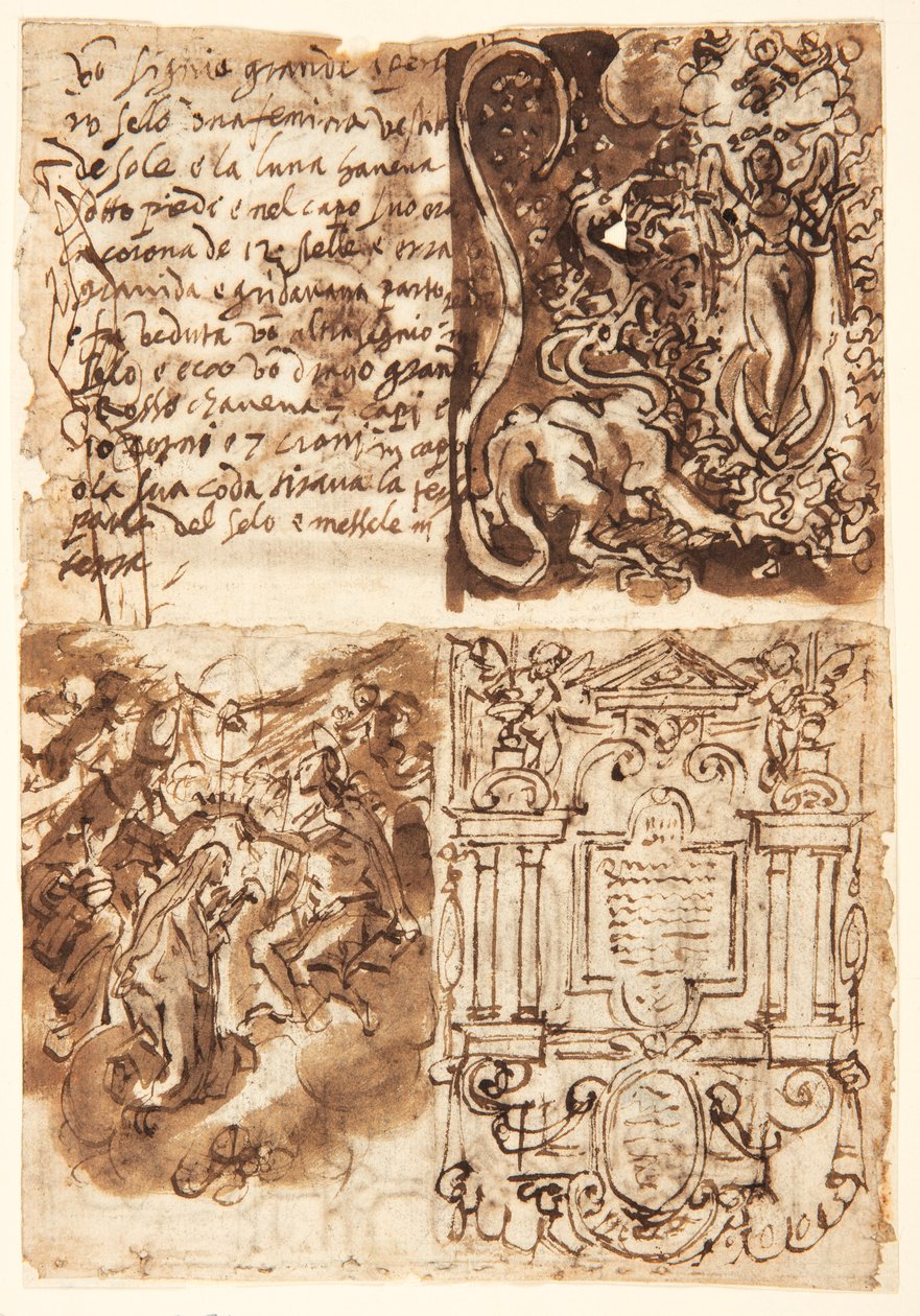 Reto, acima à esquerda: Passagem sobre a Mulher do Apocalipse, do Livro do Apocalipse; Reto, acima à direita: Mulher do Apocalipse; Reto, abaixo à esquerda: Frontispício para imprimir série da Vida da Virgem; Reto, abaixo à direita: Coroação dos Viri de Jan van der Straet, called Stradanus
