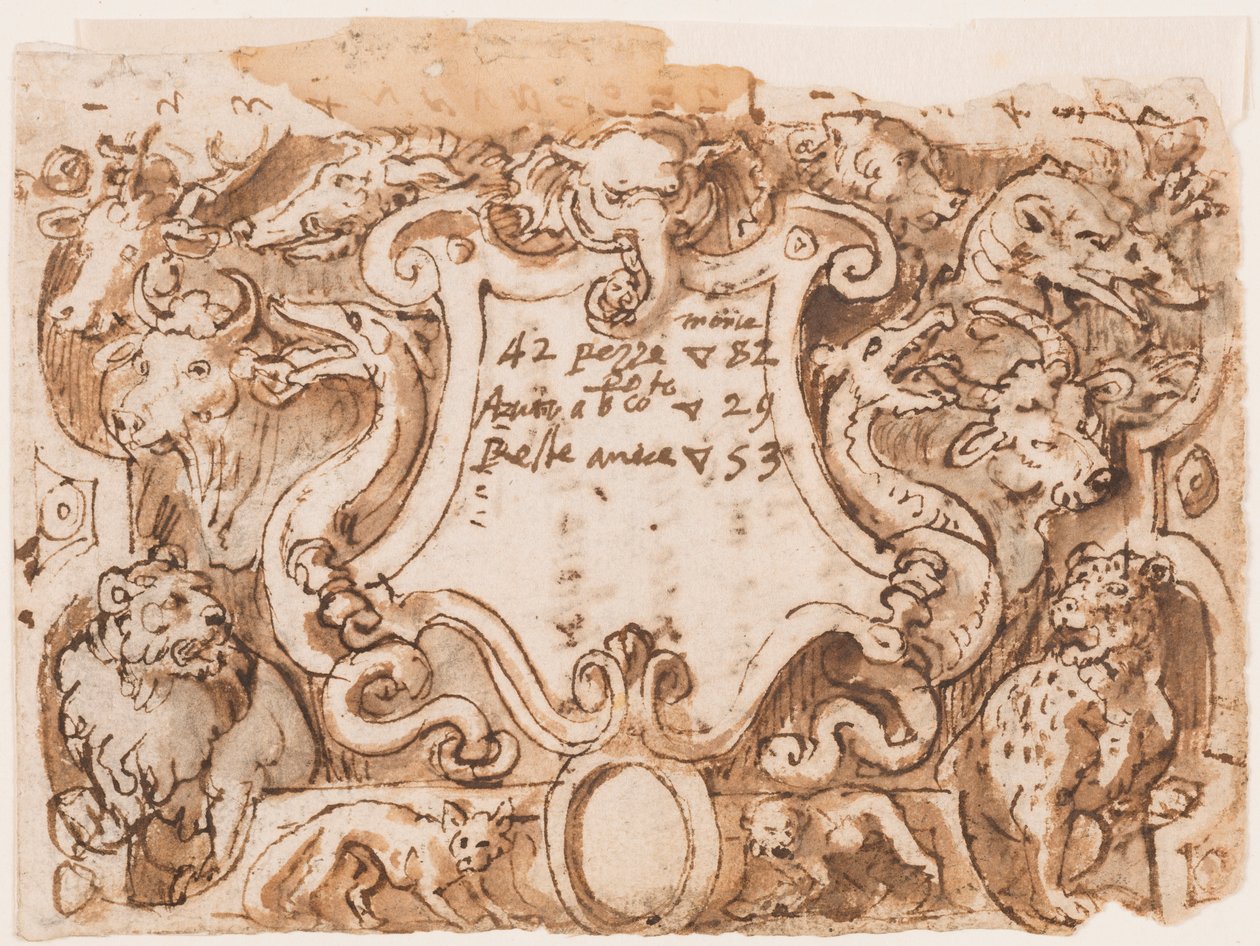 À direita: projeto preliminar para a página de rosto da série impressa Hunting of Wild Bears and Fish; Verso: notas de Stradanus sobre pagamentos a um alfaiate de Jan van der Straet, called Stradanus