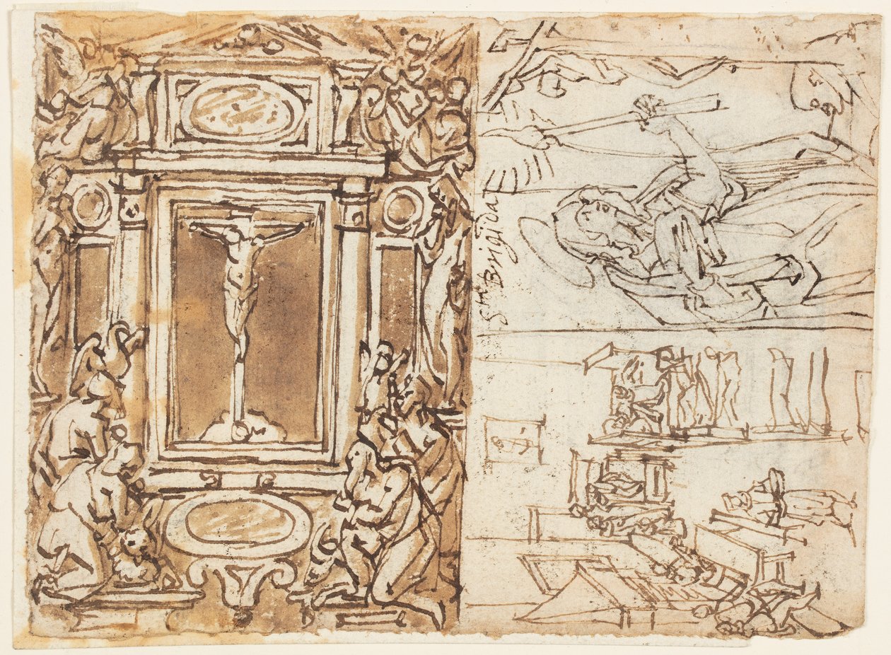 Página do caderno; Monumento de Marcus Aurelius Antonius com filho; Estudo para uma gravura de Jan van der Straet, called Stradanus