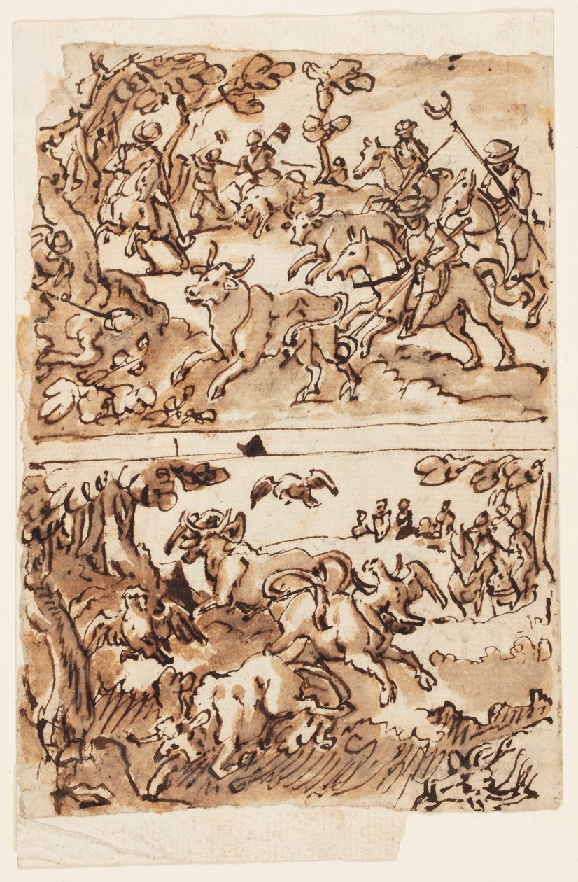 Página de sketchbook com Bull Hunts de Jan van der Straet, called Stradanus