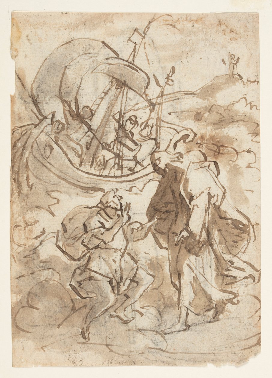 Página de sketchbook com Cristo andando sobre a água de Jan van der Straet, called Stradanus