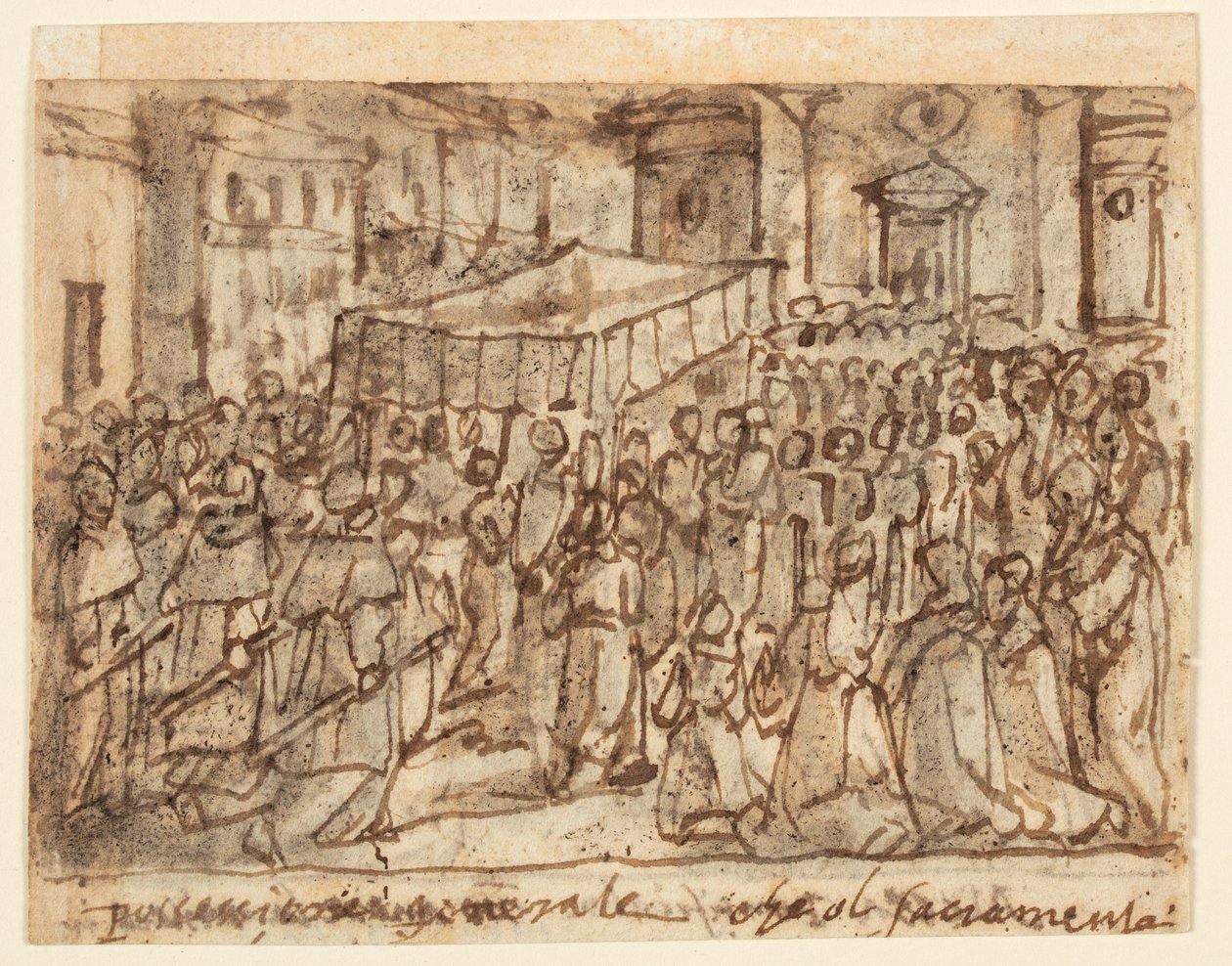 Página do Sketchbook com Procissão com a Hóstia e Missa Pontifícia de Jan van der Straet, called Stradanus