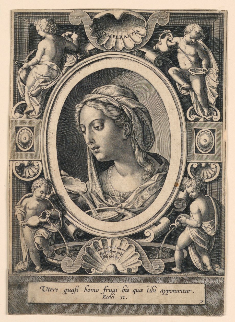 Temperança, placa 7 de "VII Virtutim...Imagine" de Jan van der Straet, called Stradanus