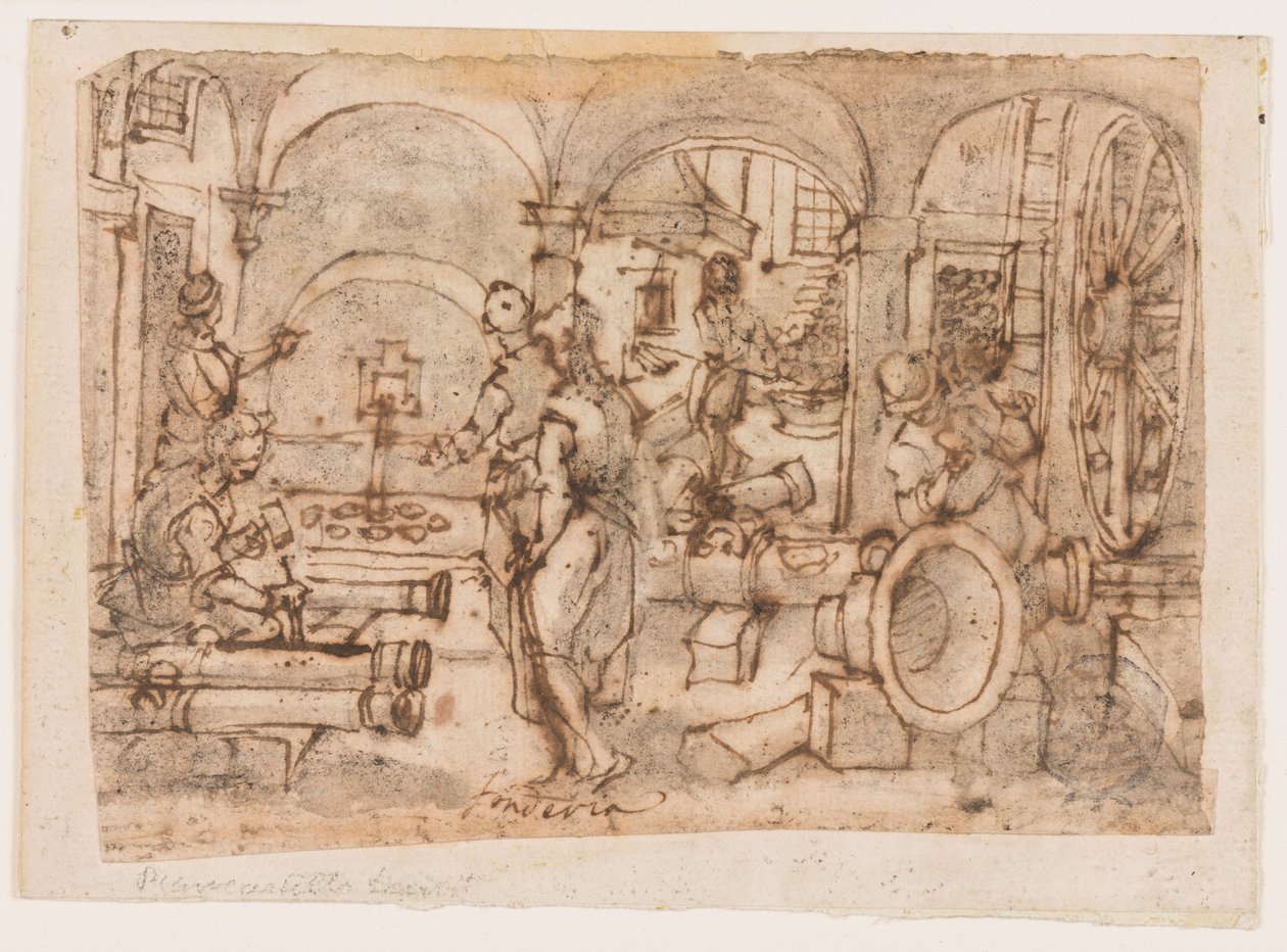 A Invenção da Pólvora, projeto para "Pulvis Pyrius", pl. 3 na série de impressão Nova Reperta (New Inventions of Modern Times) de Jan van der Straet, called Stradanus