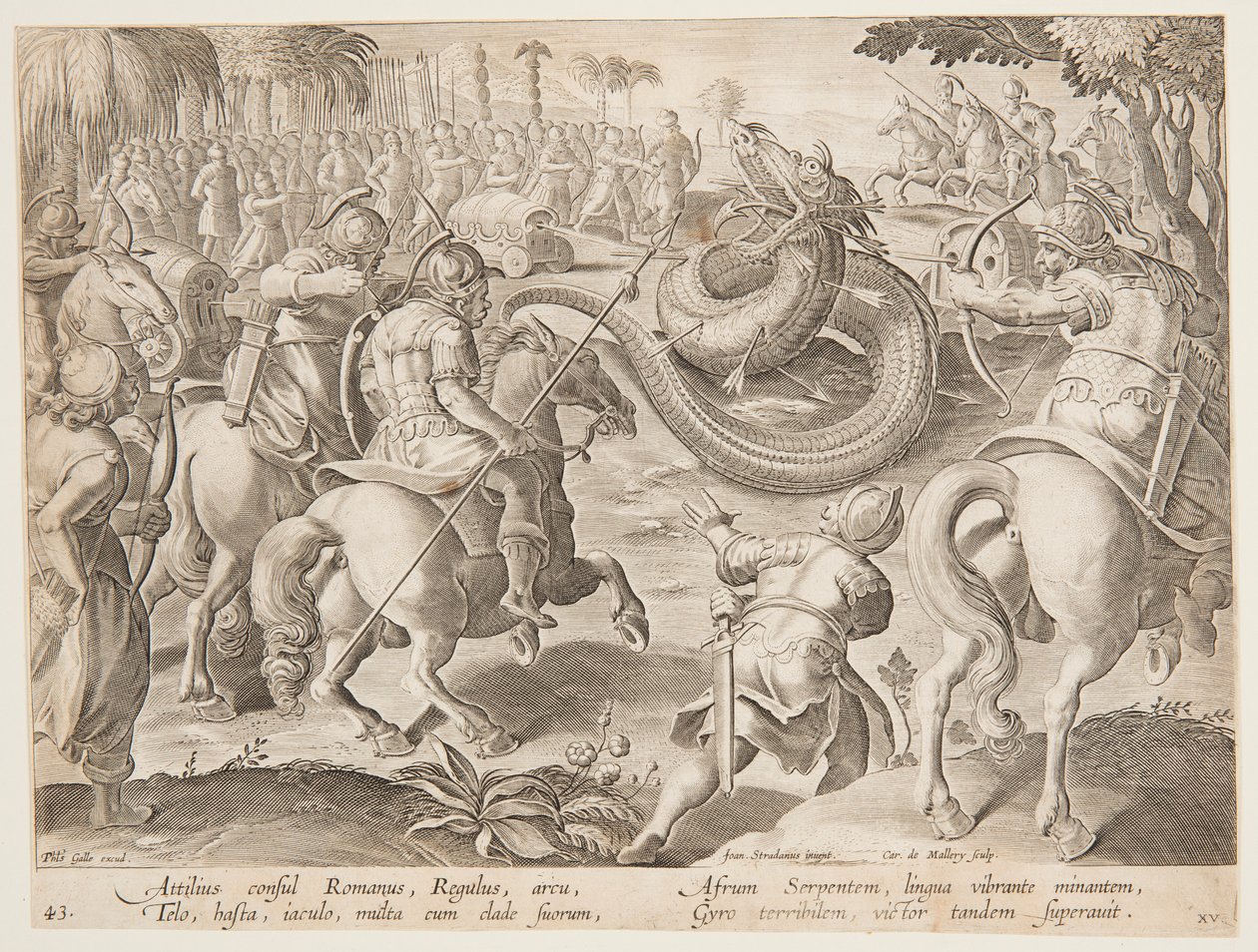 O cônsul romano Attilius Regulus lutando contra uma serpente gigante africana, placa 25 na série Wild Hunts de Jan van der Straet, called Stradanus