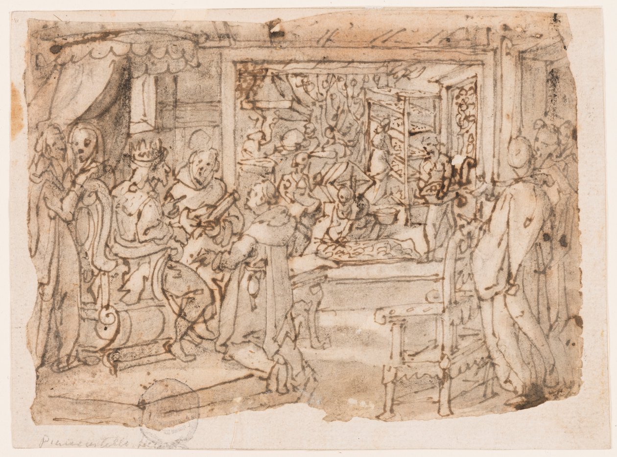 A introdução do bicho-da-seda na corte do imperador Justiniano, desenho para "Ser, sive sericus vermis", placa 8 da série de impressão Nova Reperta (Novas Invenções dos Tempos Modernos) de Jan van der Straet, called Stradanus