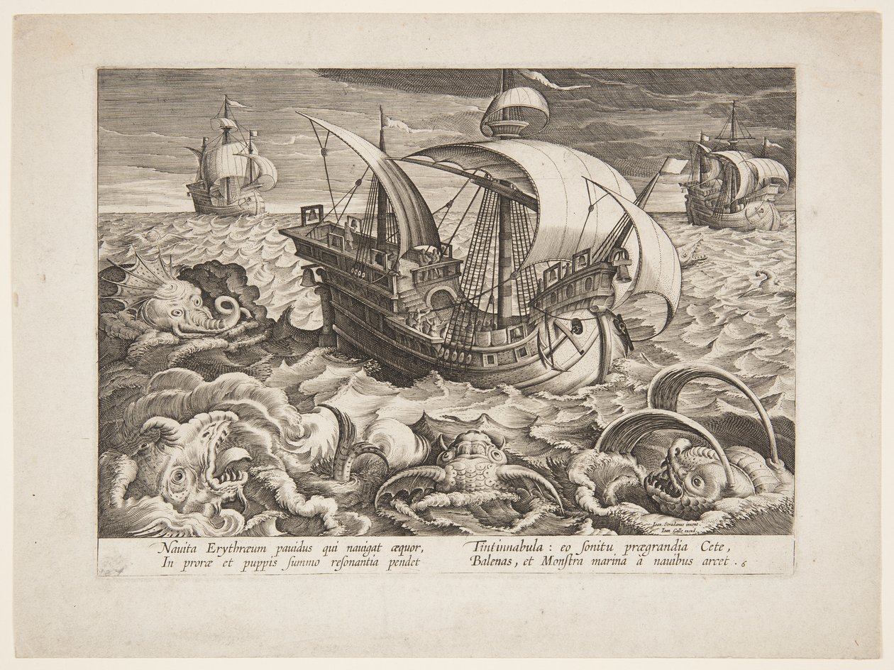 Três navios cercados por monstros de Jan van der Straet, called Stradanus