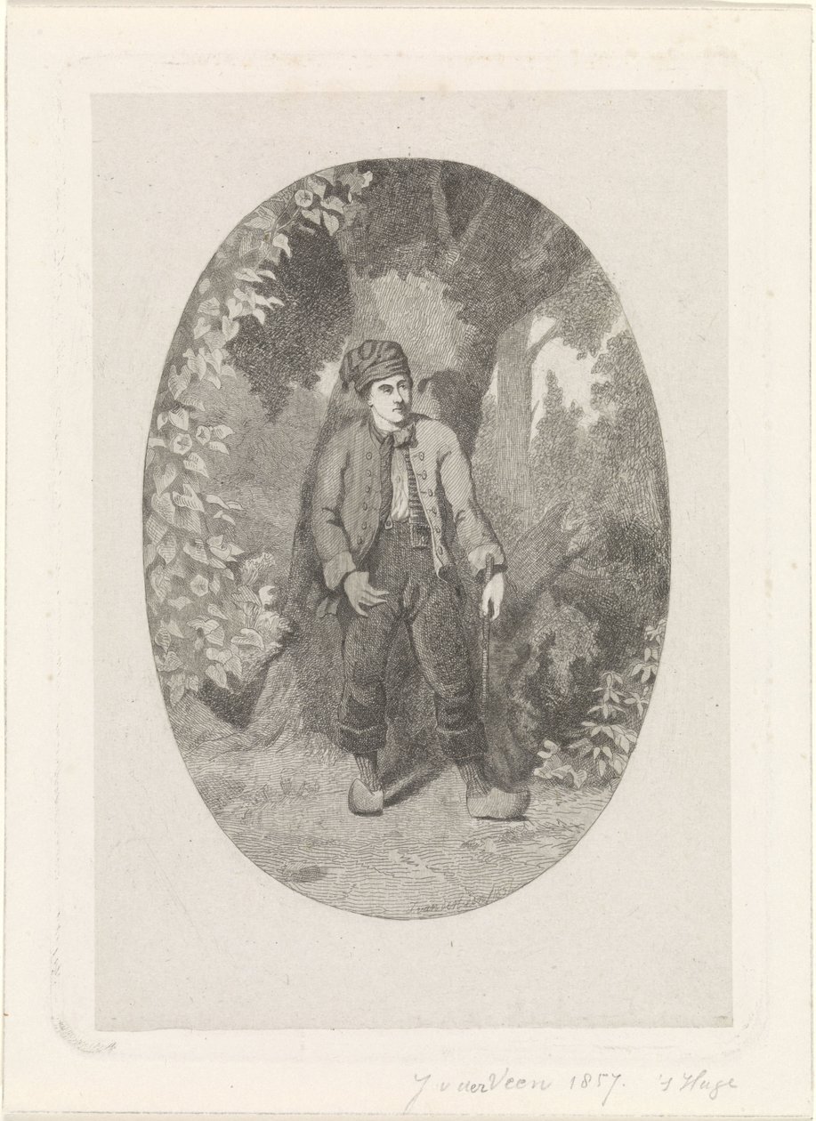 O homem perto de uma árvore numa floresta de Jan van der Veen (prentmaker)