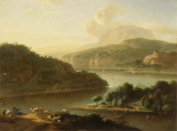 Uma paisagem fluvial com pastores e camponeses em primeiro plano de Jan van der the Younger Meer