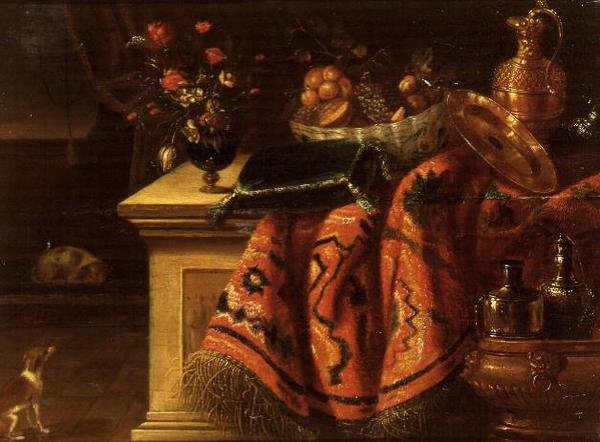 Uma natureza morta com um vaso de flores, fruta numa tigela, uma torre dourada prateada e um prato e uma almofada de Jan van the Elder (follower of) Kessel