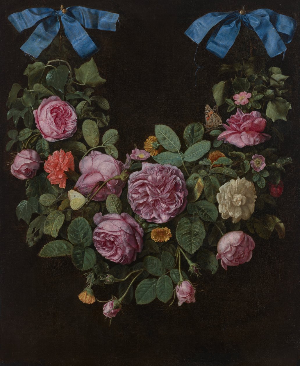 Um ramo de rosas suspenso por fitas azuis (óleo sobre tela) de Jan van the Elder Kessel