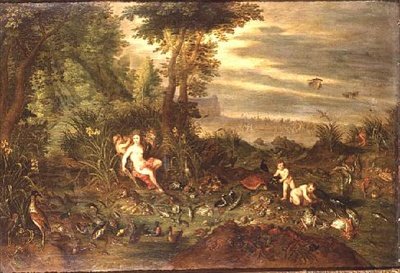 Uma alegoria da água: uma ninfa marinha à beira-mar com peixes, conchas e aves próximas, o triunfo da anfitrita além de Jan van the Elder Kessel