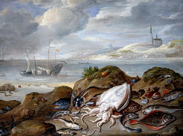 Uma Paisagem de Estuário com Peixes em uma Duna (óleo sobre cobre) de Jan van the Elder Kessel