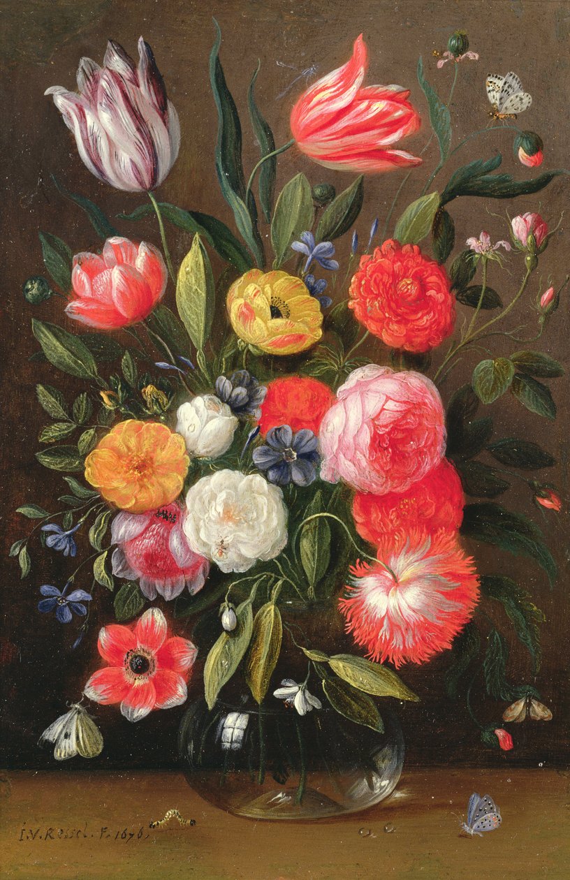 Túlipas, Rosas, Anémonas e outras Flores num Vaso de Vidro com Borboletas e uma Lagarta numa Lagarta de Jan van the Elder Kessel