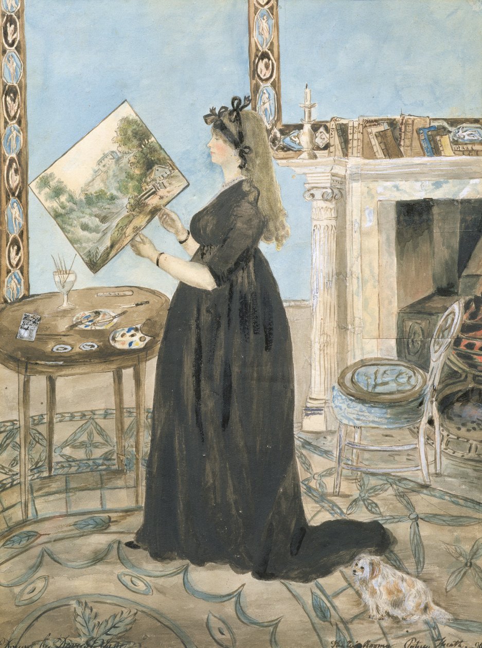 Retrato de Elizabeth Anne Fordyce (pintura aquarela paisagens) na pequena sala de estar em Putney Hill, 1796 (wc com caneta e tinta no papel) de Jane Maxwell Fordyce