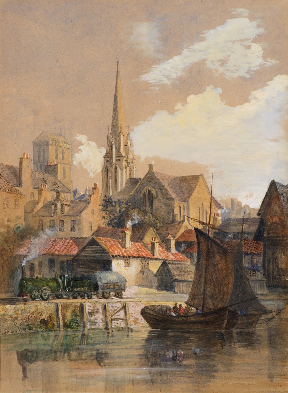 Vista de Dundee vista da costa mostrando a torre da (gratuita) Igreja de São Paulo e o antigo campanário (aquarela) de Jane Stewart Smith