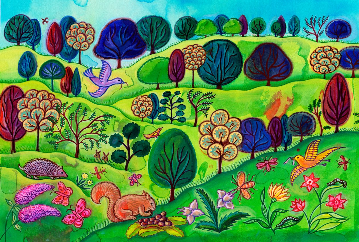 Paisagem do campo com esquilo, 2002 (pintura) de Jane Tattersfield