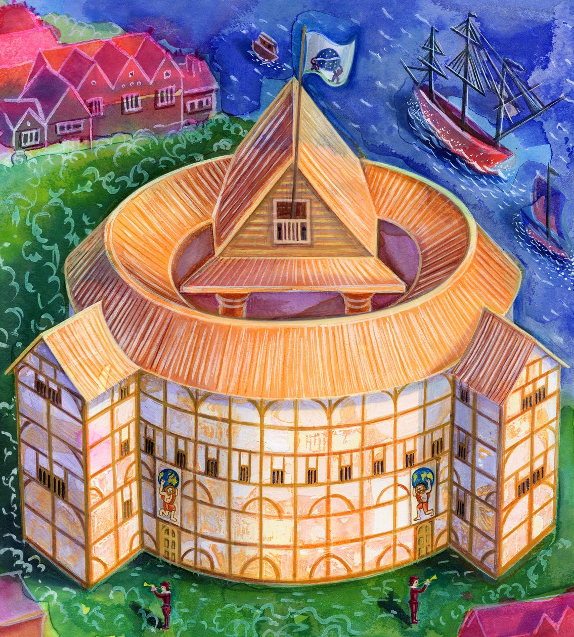 Shakespeares Globe Theatre, 2006, (tinta e guache) de Jane Tattersfield