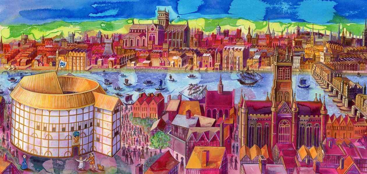 Shakespeares Globe Theatre no Southbank, 2006, (tinta e guache) de Jane Tattersfield