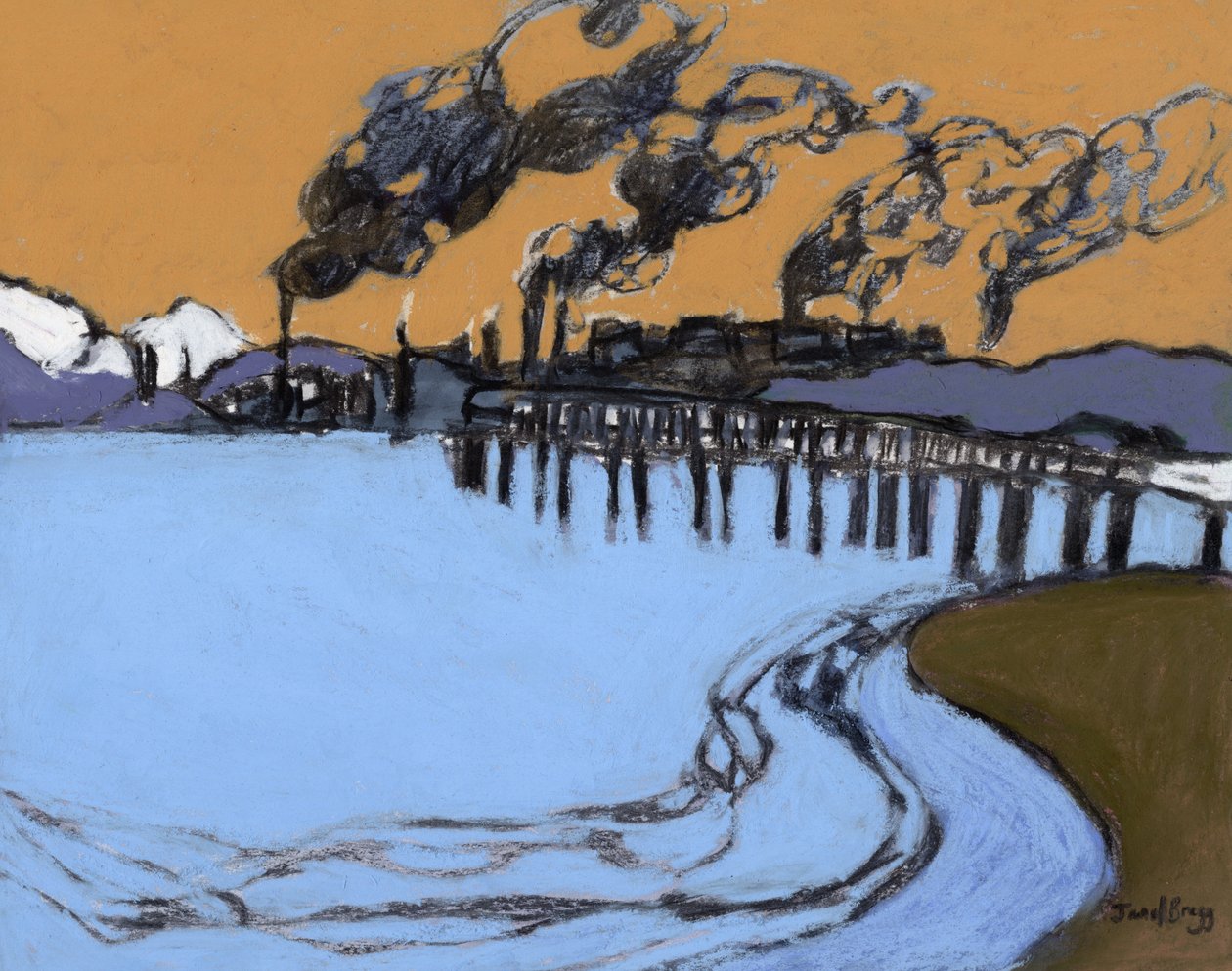 Anacortes Smokeshow, c. 2024 (carvão, aguarela e caseína sobre papel) de Janel Bragg