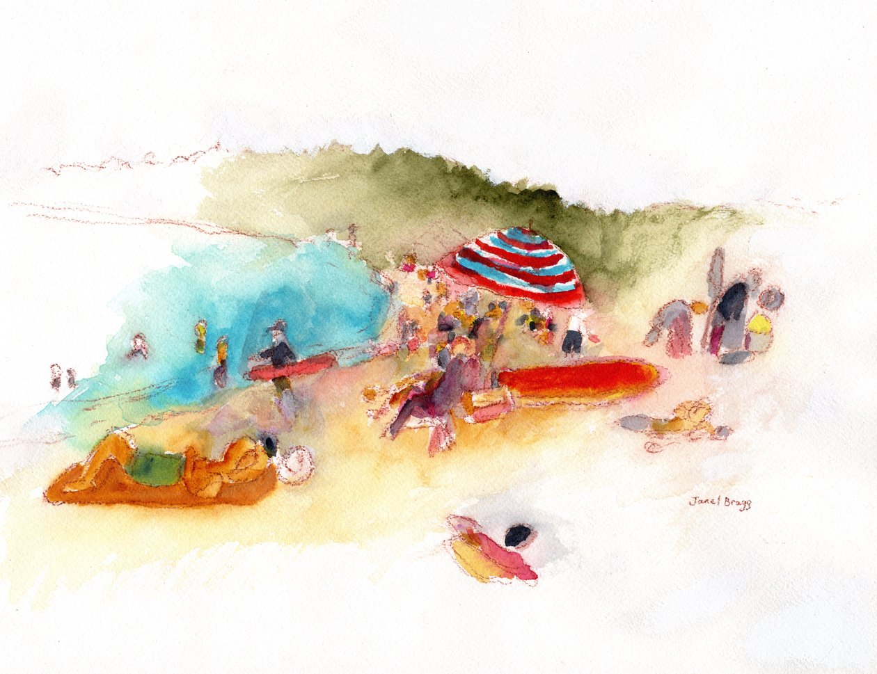 Banhistas e surfistas na praia da Baía de Hanalei, c.2019 (aguarela e lápis sobre papel) de Janel Bragg