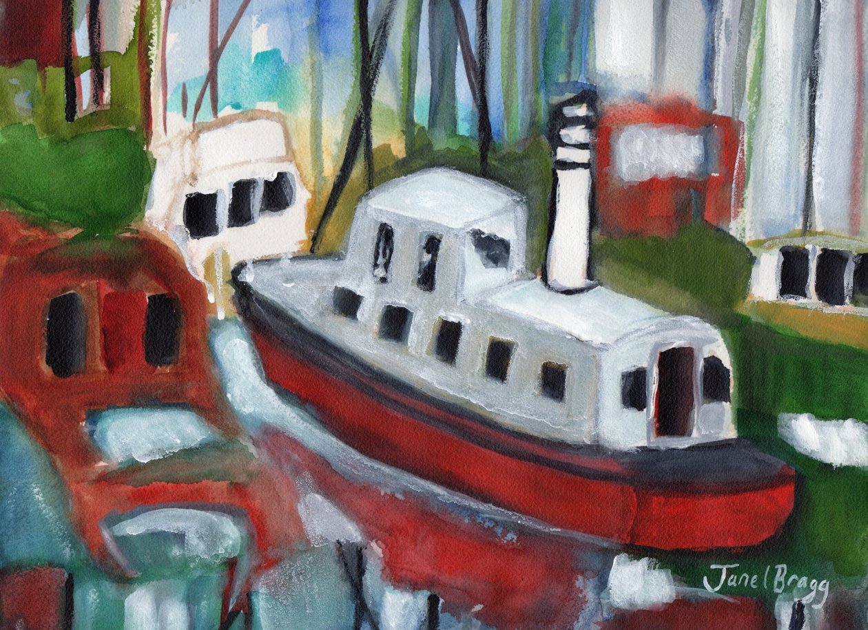 Barcos na marina de Cap Sante, c.2018 (aguarela e caseína sobre papel) de Janel Bragg