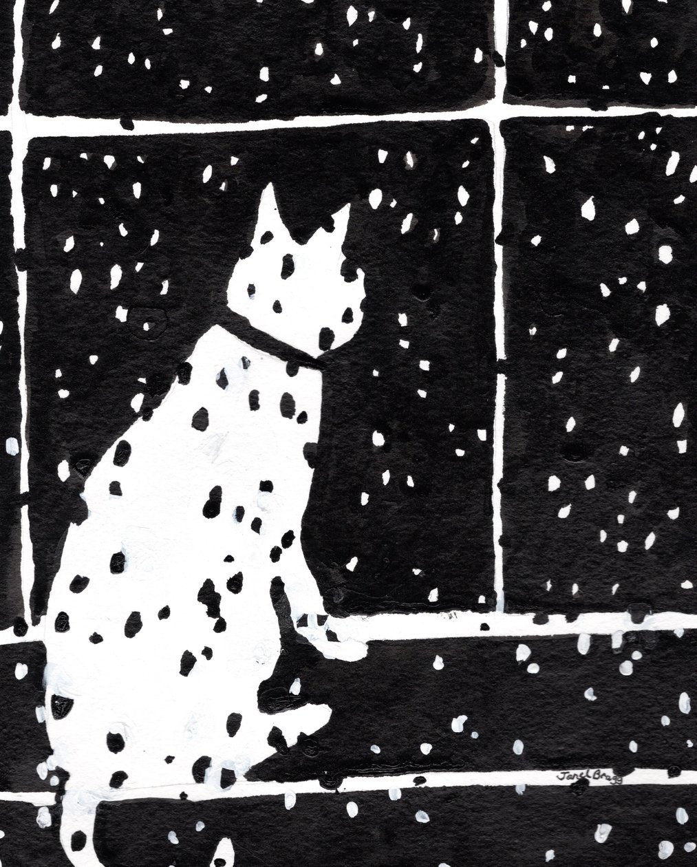 Gato na janela durante uma tempestade de neve, c.2019 (tinta sobre papel) de Janel Bragg