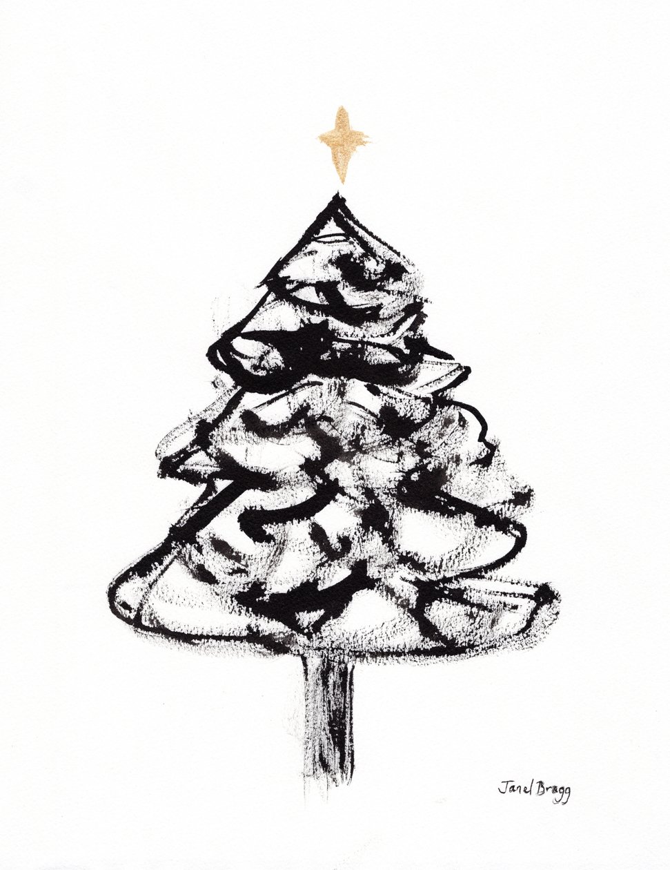 Árvore de Natal com tinta sumi e cruz dourada, c.2021 (tinta sumi e aguarela sobre papel) de Janel Bragg