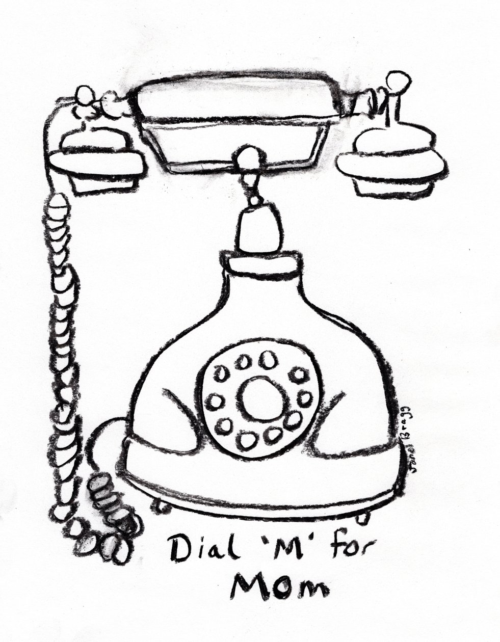 Dial "M" for Mom II, c. 2022 (carvão sobre papel) de Janel Bragg