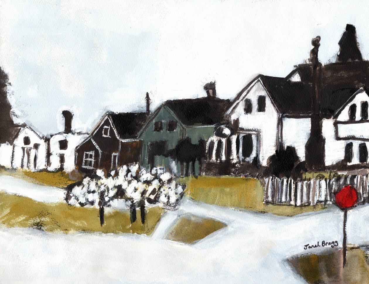 Casas na 7th Street, c.2020 (aguarela, caseína e carvão sobre papel) de Janel Bragg