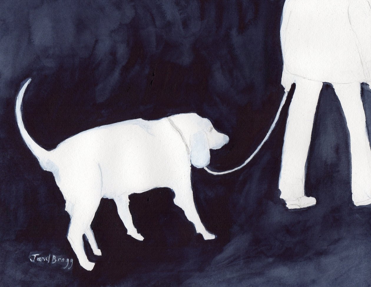 Homem a passear o seu cão em Índigo II, c. 2018 (aguarela e lápis sobre papel) de Janel Bragg