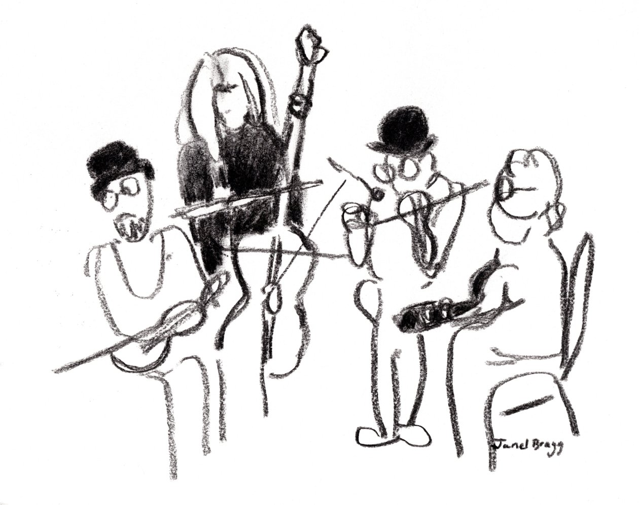 Músicos no Festival Vitoriano, c.2021 (carvão sobre papel) de Janel Bragg