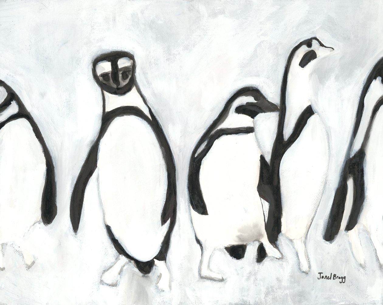 Pinguins no Jardim Zoológico de Woodland Park, c.2021 (tinta sumi e gesso sobre papel) de Janel Bragg