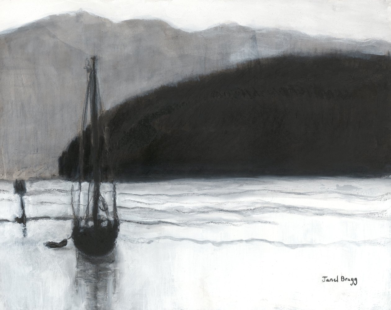 Sailboat in Anacortes Harbor, c.2021 (carvão, tinta e gesso sobre papel) de Janel Bragg