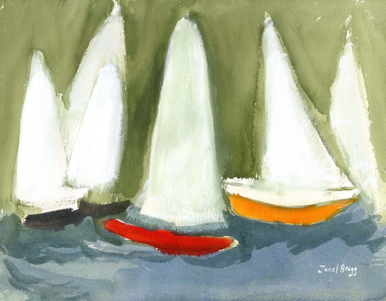 Barcos à vela em Puget Sound, c.2020 (caseína e aguarela sobre papel) de Janel Bragg