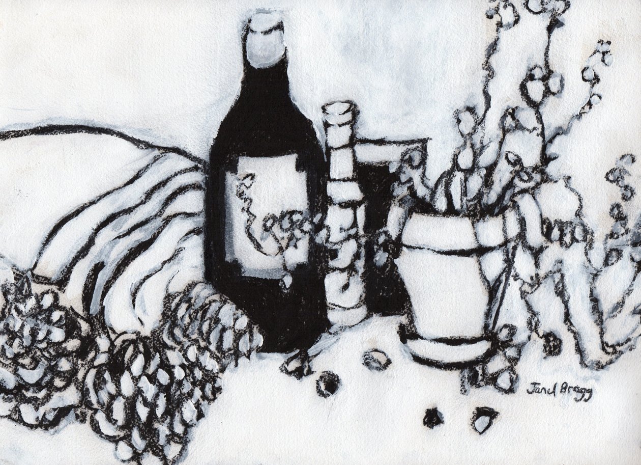 Natureza morta com azeite e pinhas, c.2017 (carvão e gesso sobre papel) de Janel Bragg