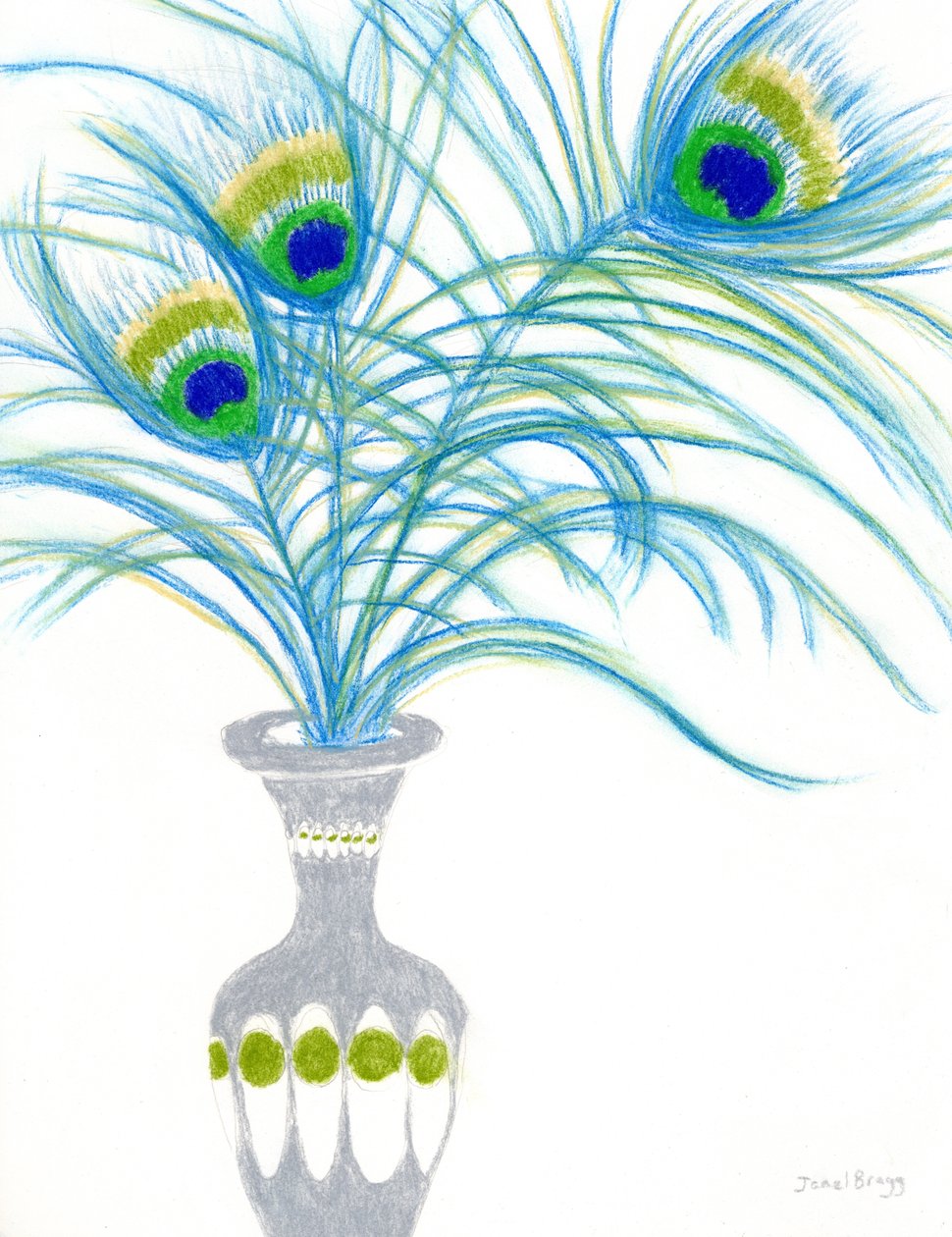 Natureza morta com penas de pavão, c.2024 (aguarela sobre papel) de Janel Bragg
