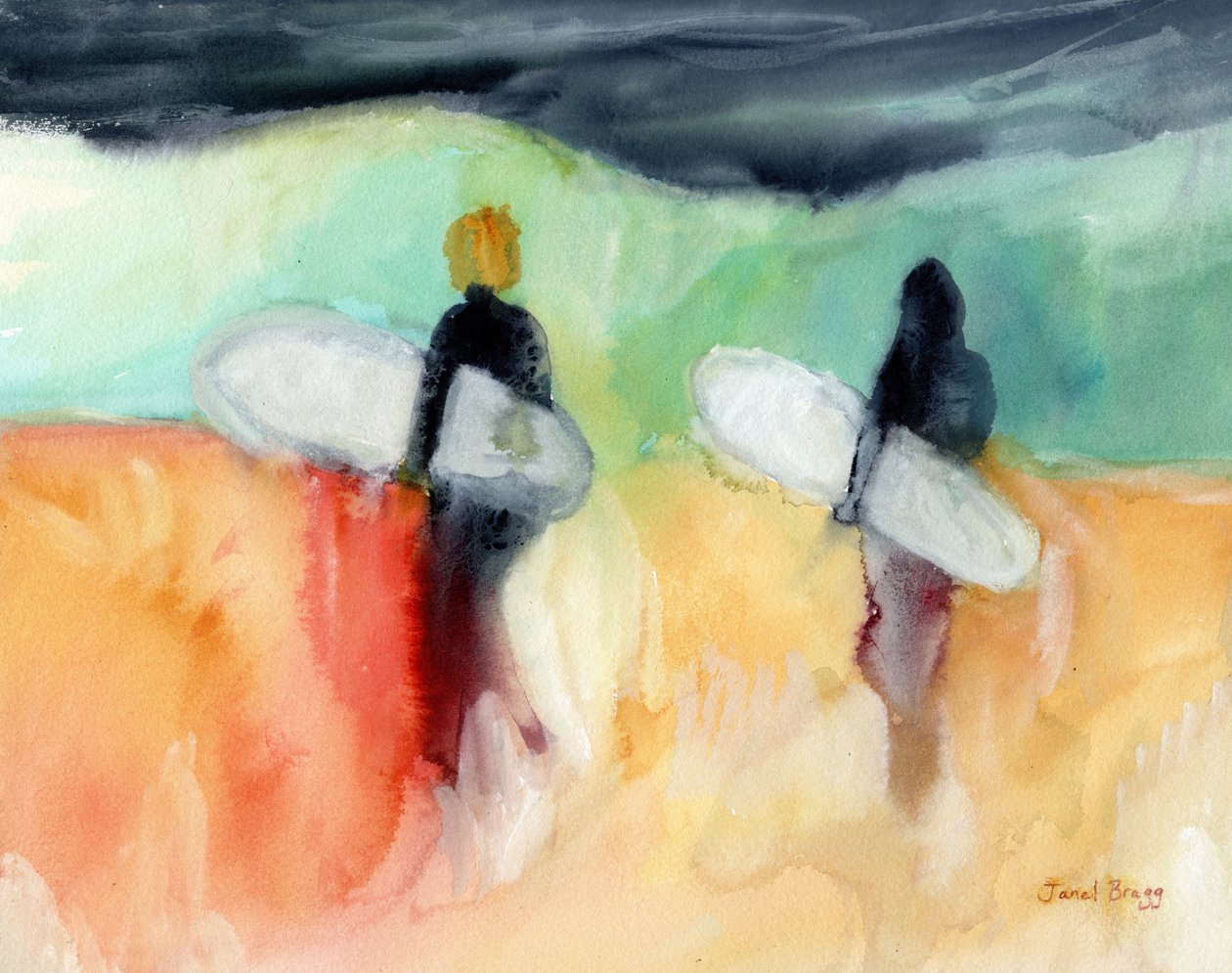 Surfistas na Baía de Hanalei, c.2019 (aguarela e caseína sobre papel) de Janel Bragg