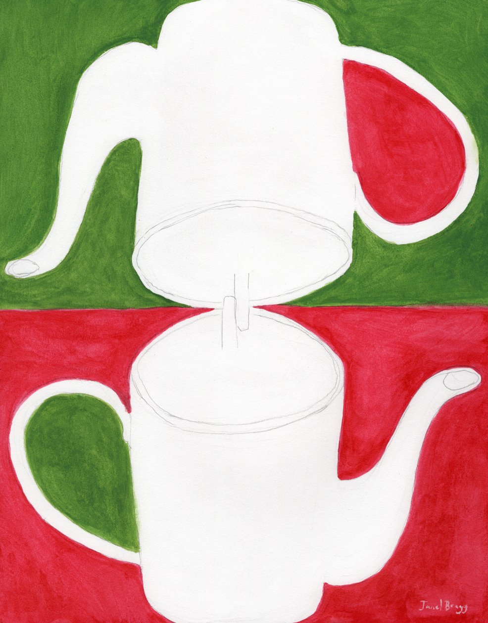 Bule Yin Yang em rosa e verde, c. 2025 (aguarela sobre papel) de Janel Bragg