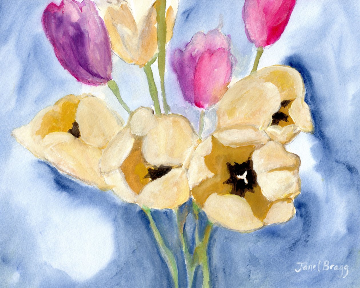 Tulipas na mesa de jantar da mãe, c.2016 (caseína e aguarela sobre papel) de Janel Bragg