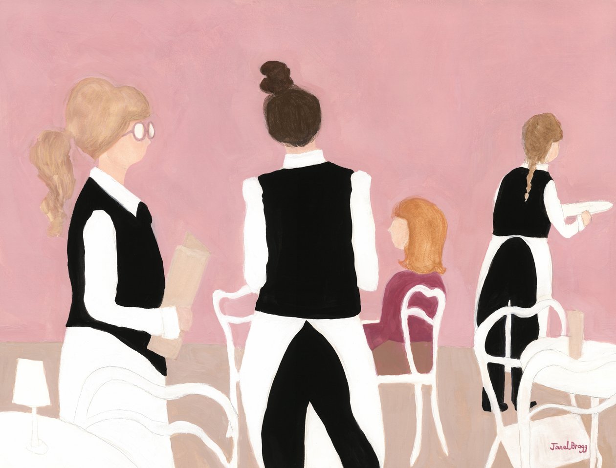 Empregadas do Café Sabarsky em cor-de-rosa e bege, c. 2024 (aguarela sobre papel) de Janel Bragg