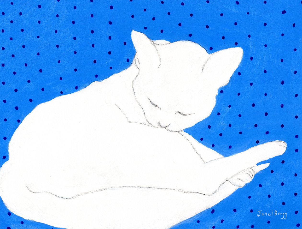 Gato branco sobre azul com bolinhas, c.2024 (aguarela e caseína sobre papel) de Janel Bragg