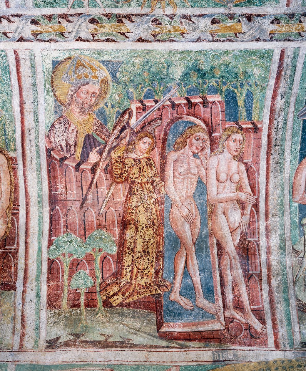Igreja fortificada de Hrastovlje, Igreja da Trindade, Adão e Eva expulsos do Paraíso (1490), detalhe dos afrescos de Janez Iz Kastva, Eslovênia de Janez Kastav