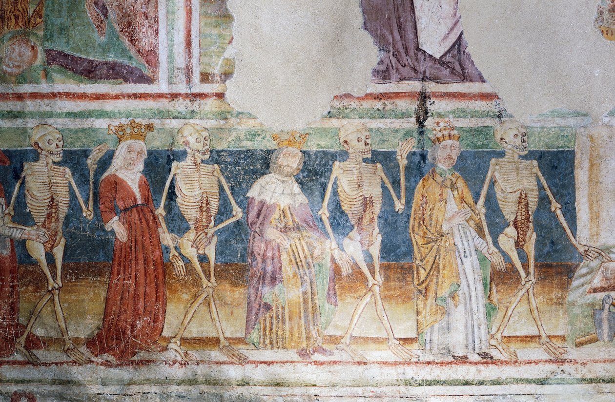 Igreja fortificada de Hrastovlje, Igreja da Trindade, Morte acompanhando o Papa e a Rainha, Dança da Morte (1490), detalhe dos afrescos de Janez Iz Kastva, Eslovênia de Janez Kastav