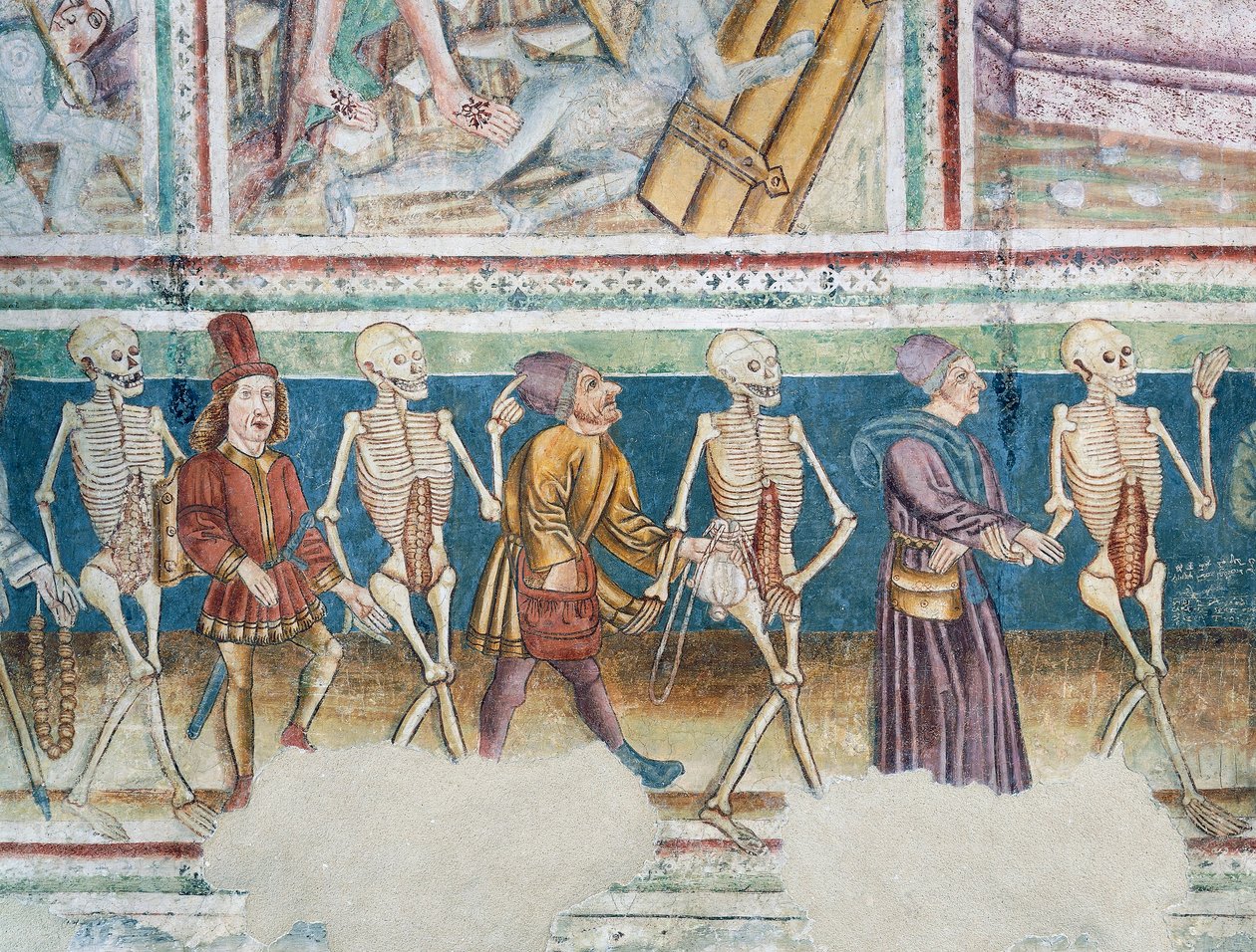 Igreja fortificada de Hrastovlje, Igreja da Trindade, Morte acompanhando comerciante e banqueiro rico, Dança da Morte (1490), detalhe de afrescos de Janez Iz Kastva, Eslovênia de Janez Kastav