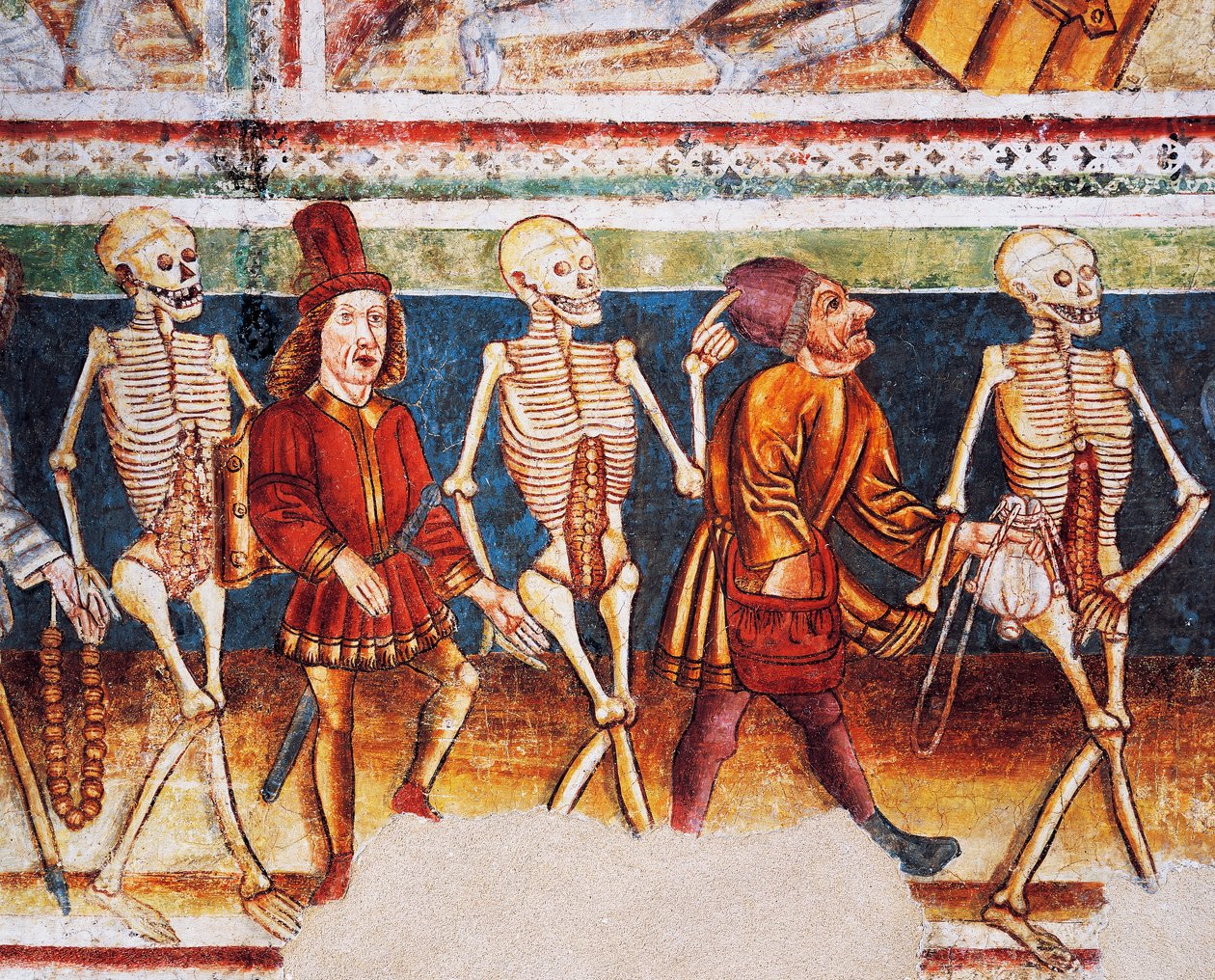 Igreja fortificada de Hrastovlje, Igreja da Trindade, Morte acompanhando comerciante e banqueiro rico, Dança da Morte (1490), detalhe de afrescos de Janez Iz Kastva, Eslovênia de Janez Kastav